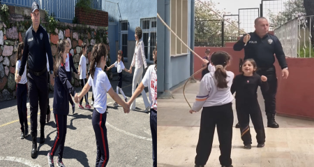 Zonguldak’ta okulda görevli polis, çocuklarla ip atladı